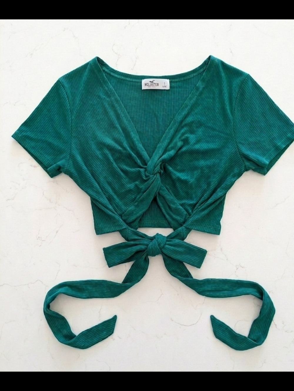 Hollister Teal Ribbed Tie-Front Short Sleeve Crop Top